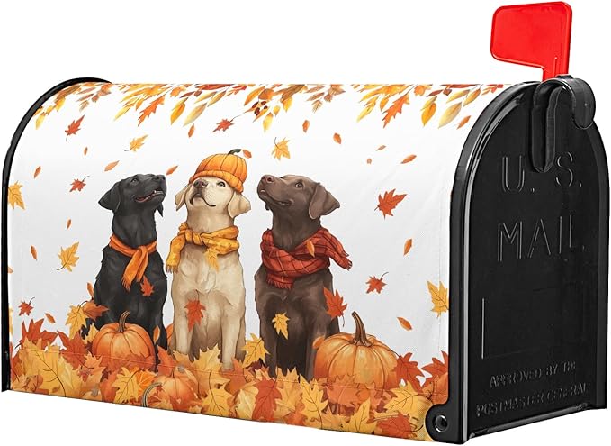 Fall Dog Mailbox Cover Magnetic Large Size Autumn Themed Pumpkins Maple Leaves Puppy Print Mailbox Wrap Letter Post Cover 25.5x21Inch for Garden Yard Outside Outdoor Seasonal Decor