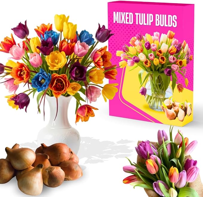 20 Top Size Tulip Bulbs for Fall Planting, Mixed Tulip Flower Bulbs, Bulk Pack of Colorful Tulips for Spring Blooms, Grow Flowerbeds, Fresh Harvest