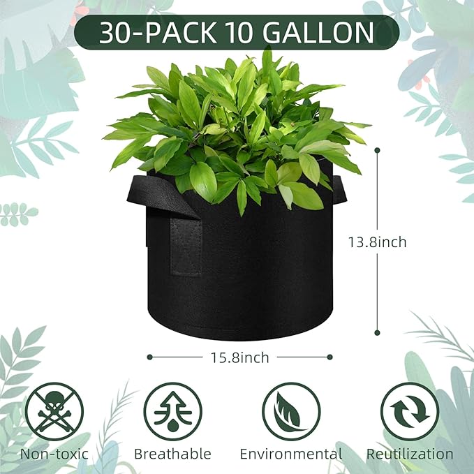 10 Gallon Grow Bags 30 Pack, Heavy Duty Thickened Nonwoven Fabric Pots with Handles, Plant Grow Bags for Vegetable/Flower/Plant/Fruits, Black