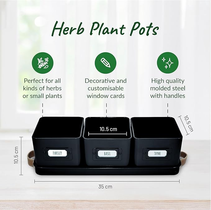 volila Herb Planter Indoor - Set of 3 Black Indoor Herb Garden Pots for Plants with Leather Handled Tray - Window Sill Plant Shelf - Herb Pots with Drainage Holes and Labels