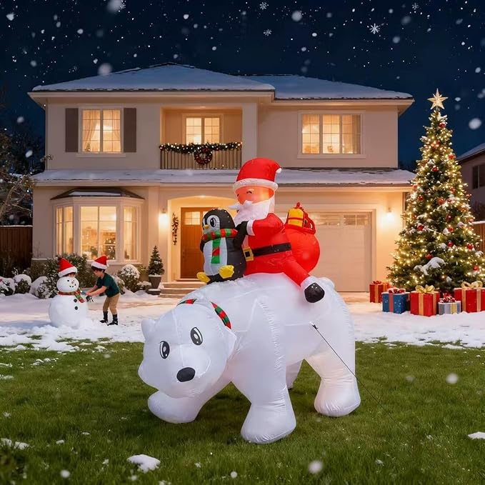6FT Christmas Inflatable Santa Riding Polar Bear with Penguin Decorations, LED Light Up & Built-in Speaker, Blow Up Outdoor Indoor Xmas Yard Decor for Lawn Garden Party Holiday Season