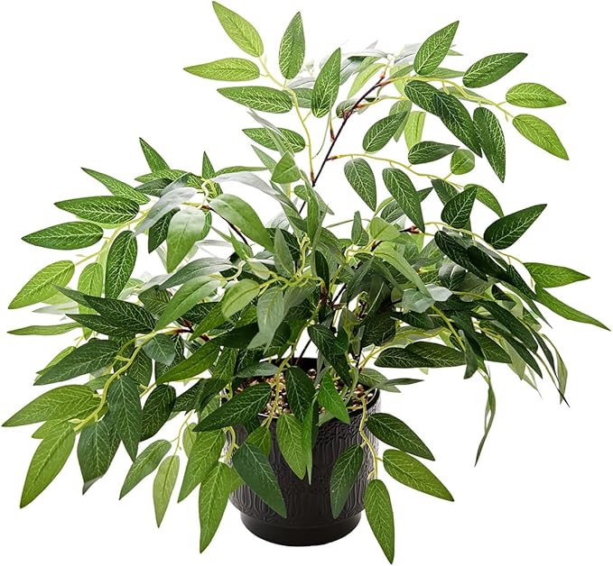 17.7" Tall Fake Plant Green Willow Leaves Artificial Indoor Faux Plant in Textured Black Ceramic Pot Realistic Decorative Plant for Home Office Bathroom Kitchen Bookshelf Small Space