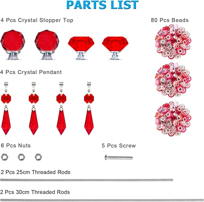 Exway 100 PCS DIY Fairy Wand Beaded Garden Stake Beads Kits with Red Large Hole Beads 4 Crystal Stopper Top Threaded Rods and 4 Red Sparkling Crystal Pendants for Outdoor Indoor Decor