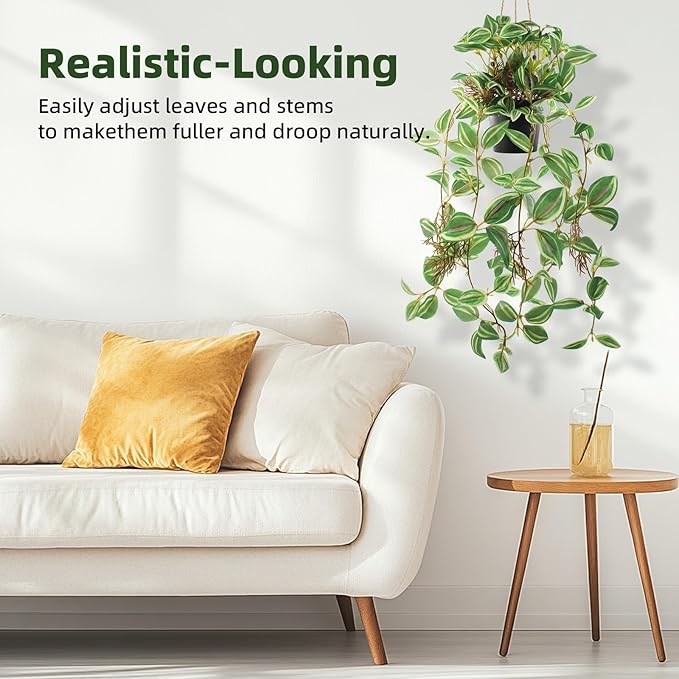 Artificial Hanging Ivy Plants Realistic 3D Watermelon Texture Faux Peperomia Leaves Fake Potting Vine Green Plants for Indoor Outdoor Home Garden Decor