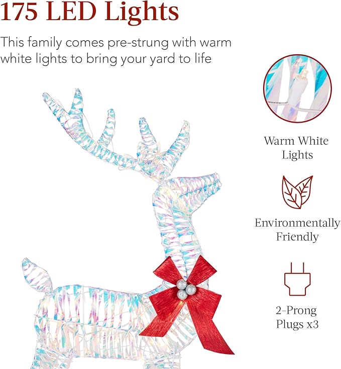Best Choice Products 4ft 3-Piece 2D Lighted Christmas Deer Family Set, Large Outdoor Yard Reindeer Holiday Decoration with 175 LED Lights, Stakes, Zip Ties - Iridecent
