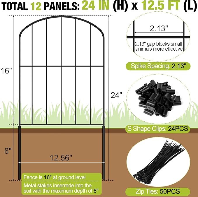Decorative Garden Fence 24in (H) x 12.5ft (L), 12 Panels No Dig Garden Fencing Animal Barrier for Dogs Rabbits Arched Flower Bed Edging, Metal Wire Border Panel for Outdoor Patio Yard Decor