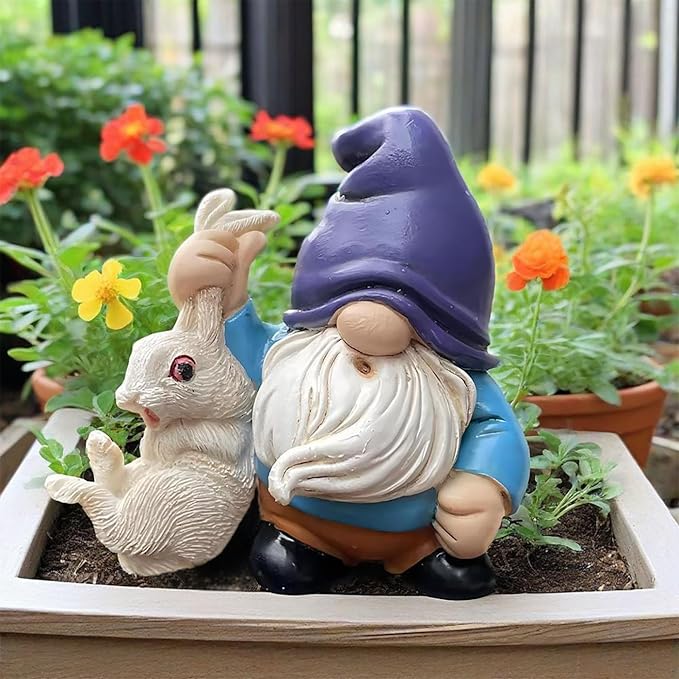 Funny Garden Gnomes with Rabbit Outdoor Statues Gnomes Decorations for Yard Lawn Patio Fairy Garden Figurines Plant Decorations for Pots, Novelty Gifts