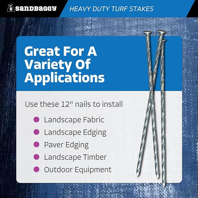 Sandbaggy 12" Heavy Duty Galvanized Artificial Turf Stakes - Spiral Landscape Nails - Ground Spikes/Pins, Synthetic Grass, Lawn, Edging, Weed Barrier Fabric (12 inch - Ultra Heavy Duty, 50, Count)