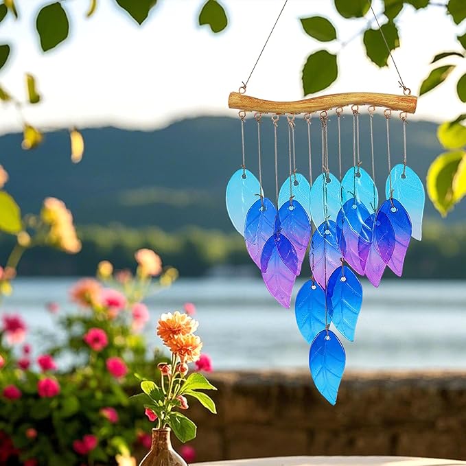 Glass Leaves Wind Chimes for Outdoor Memorial Decor - Unique Wind Chimes for Garden, Yard, Porch & Backyard, Durable Outside Decoration with Handcrafted Glass Design