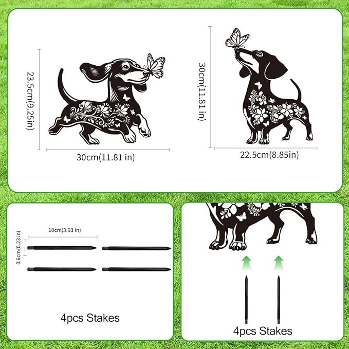 Dachshund Garden Stake Outdoor Yard Decor – Set of 2 Metal Sausage Dog Lawn Ornament, Cute Dog Lover Gift for Women Men, Weather-Resistant Dachshund Silhouette Statues Yard Art for Patio