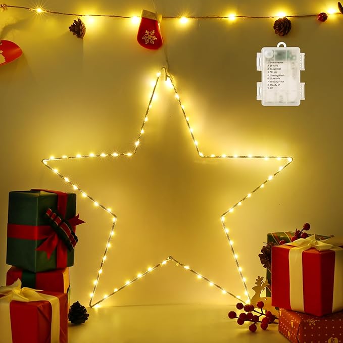 Marchpower Christmas Window Star Silhouette Lights, 19inch 70LED Warm White Large Star Lighted Xmas Decoration - Battery Operated Twinkle Fairy Light Timer Outdoor/Indoor Wedding Party Home Décor-1pc