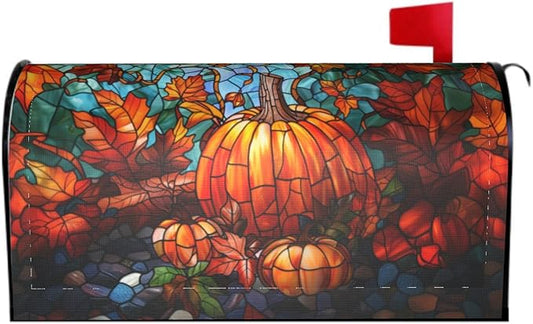 Giwawa Stained Glass Pumpkin Mailbox Cover - Large Autumn Fall Magnetic Oversized 25.5 x 21 - Thanksgiving Decorations Outdoor Harvest Wrap