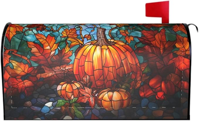 Giwawa Stained Glass Pumpkin Mailbox Cover Autumn Mail Box Covers Fall Mailbox Covers Magnetic Standard Size 18 x 21 Thanksgiving Decorations Outdoor Harvest Mailbox Wrap