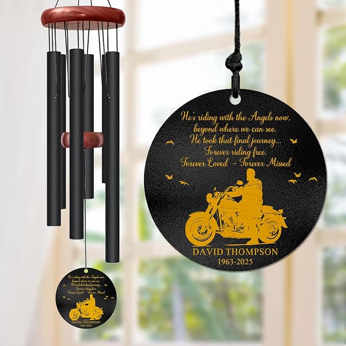 Personalized Motorcycle Memorial Wind Chime – “Riding with The Angels” Custom Name & Years – Outdoor Sympathy Gift for Bikers – in Loving Memory Remembrance Windchime for Loss of Loved One