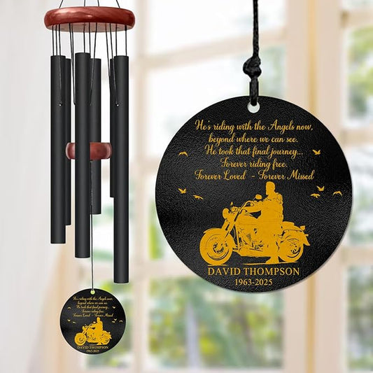 Personalized Motorcycle Memorial Wind Chime – “Riding with The Angels” Custom Name & Years – Outdoor Sympathy Gift for Bikers – in Loving Memory Remembrance Windchime for Loss of Loved One
