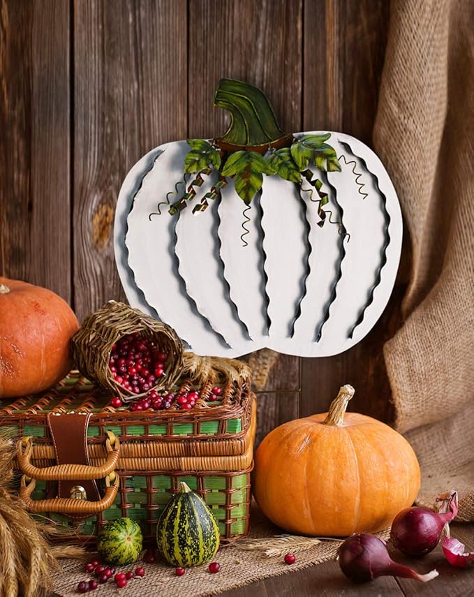 Veclotch 2set Pumpkin Garden Stake Metal Yard Sign Fall Decor, Decorative Decor Outdoor Stakes for Autumn Harvest Thanksgiving Halloween Rustic Decoration Home (White, 26''H)
