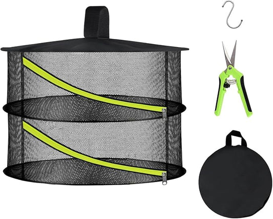 2 Layer Herb Drying Rack, Hanging Mesh Net, Foldable Plant Drying Rack with Diagonal Zipper, Garden Trimming Shears and Hooks, for Drying Herbs Plants, Fruits, Seafood, Clothing(2 Layers-23.62'')