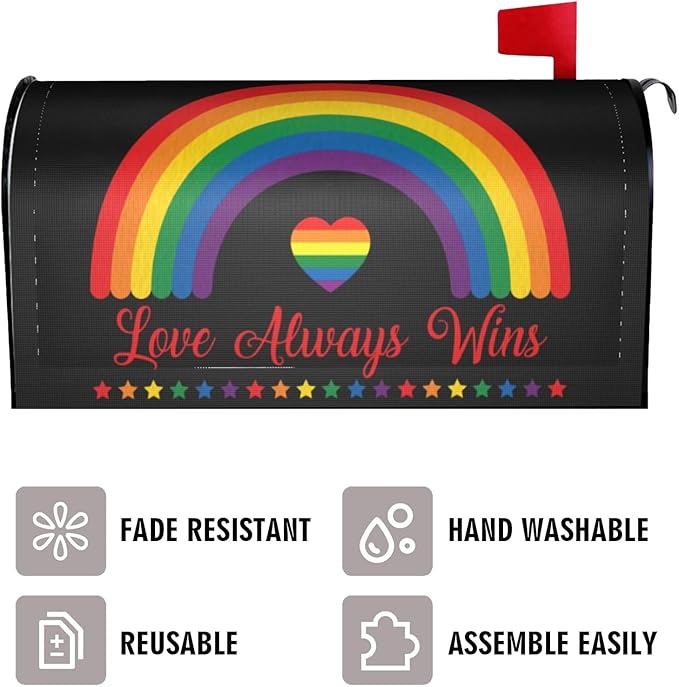 LGBT Pride Mailbox Covers, Love Always Wins Outdoor Magnetic Mailbox Cover - Lesbians Gays Bisexuals Transgender - 21 x 18 in Rainbow Mail Box Covers for Garden Yard Decor