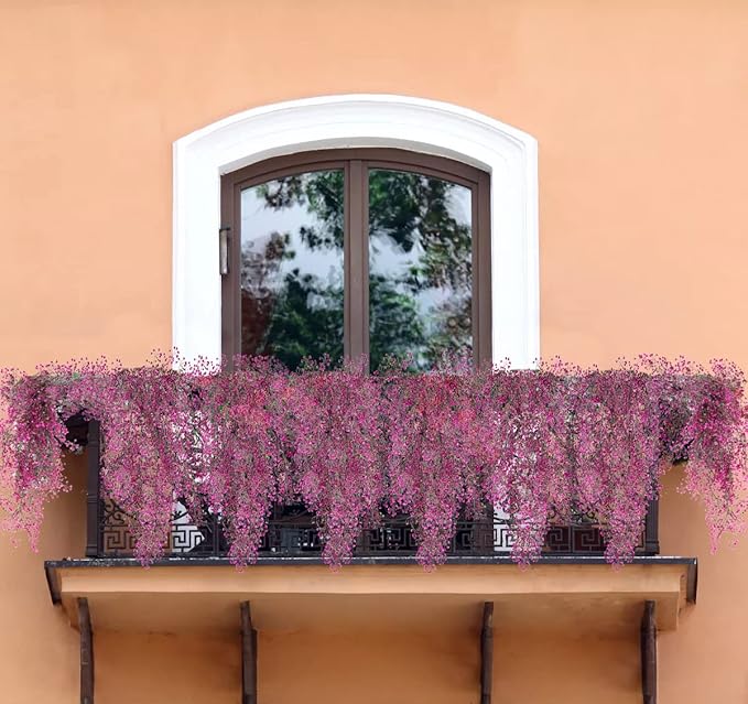 RECUTMS 4 pcs Hanging Fake Plants Flowers Artificial Decor Artificial Hanging Plants Fake Vines with Fake Flowers Fake Plants for Bedroom Aesthetic Wall Hanging Decoration（Fuchsia）