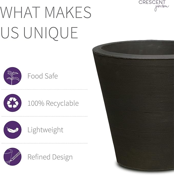 Crescent Garden Madison Planter– Weather-Resistant, Double Walled Indoor/Outdoor Plant Pot with Drain Hole – Durable All-Season Flower Container, 14" W (Caviar Black)