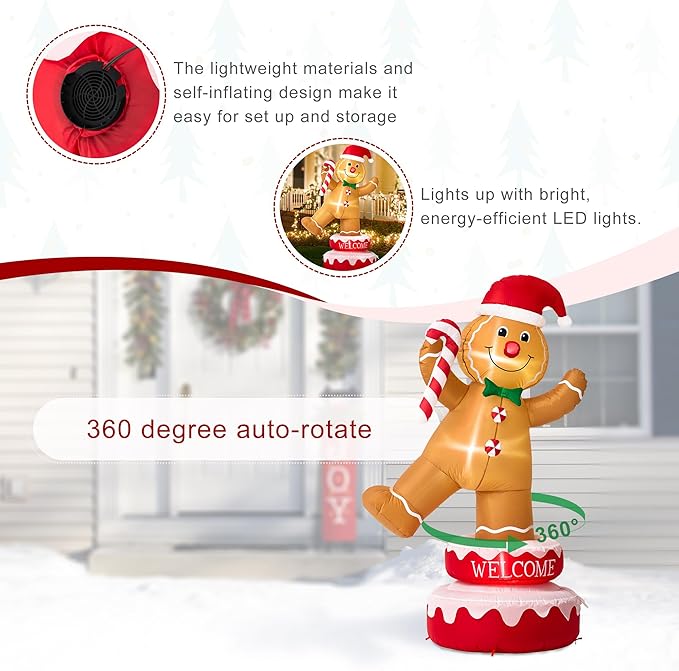 Glitzhome 6FT Inflatable Rotating Gingerbread Man with LED Lights, Christmas Yard Decoration with Candy Cane for Outdoor Indoor Xmas Party Decor