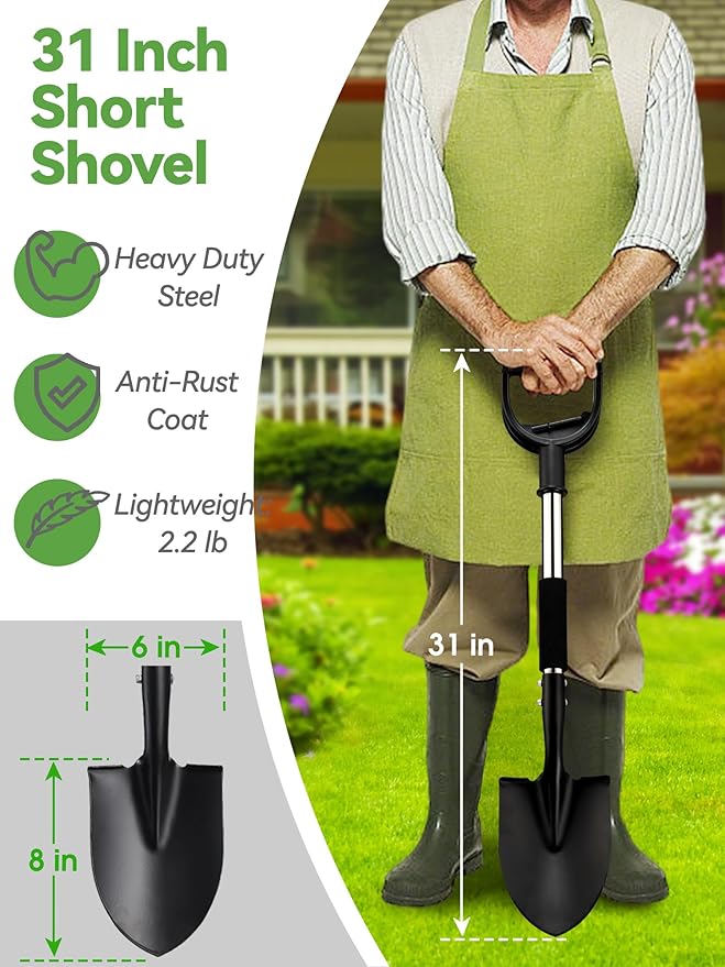 Shovel, 31 inch Small Shovels for Digging Gardening, Camping, Off Road, Short Metal Garden Shovel with Round Point Blade, D-Handle Grip, Kids Mini Sand Beach Spade, Heavy Duty Car Snow Removal Tools