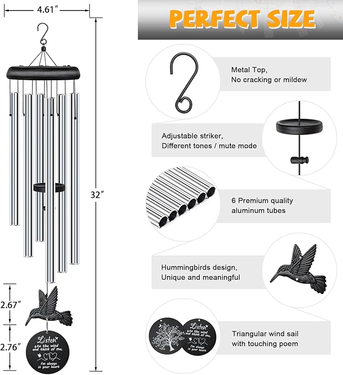 Sympathy Wind Chimes for Outside Deep Tone, Memorial for Loss of Loved One Prime, Bereavement Condolence Remembrance Funeral Gifts for Grieving Friends Loss of Mother Father