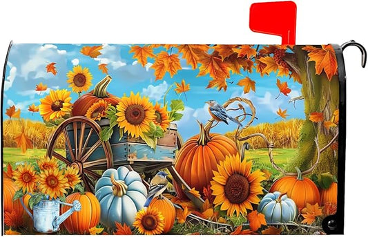 Fall Thanksgiving Autumn Pumpkin Mailbox Covers - Magnetic Standard Size 25.5 X 21 Inch Maple Leaf Sunflower Mailbox Wraps Decor