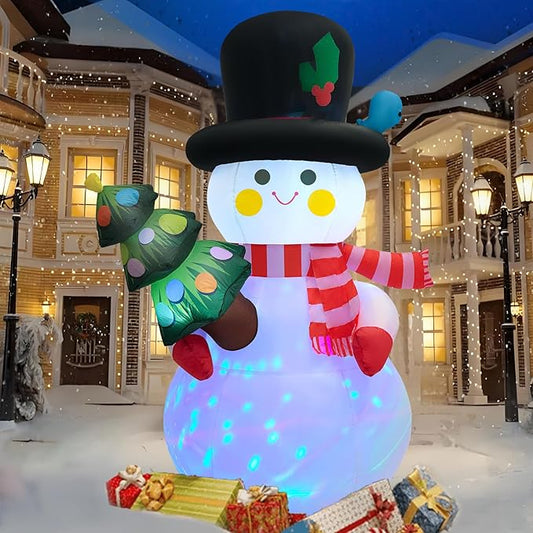 8 FT Christmas Inflatables Snowman Yard Decoration, Blow Up Snowman with Christmas Tree Outdoor Decoration with Rotating LED Lights for Holiday Party Garden Lawn Decor, Xmas New Year Kids Gifts