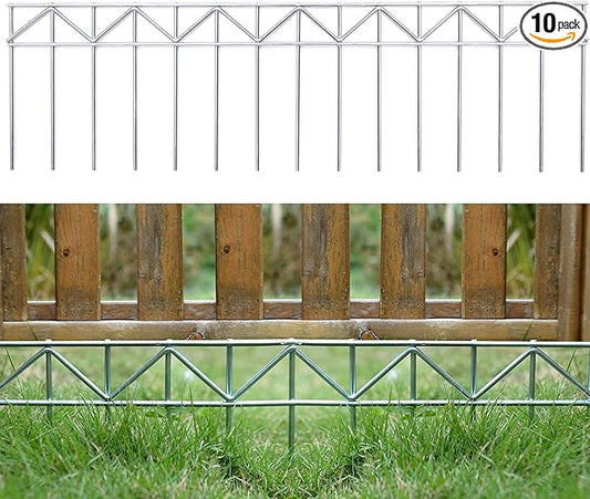 10 Pack 32" L x 10" H Animal Barrier Fence, No Dig Fence Patented Product, 5.5mm Galvanized Stakes with 2.1" Spacing, Anti Digging for Dogs Outdoor Yard Patio, Total 26.6Ft(L) X 10in(H) Silver