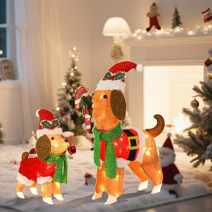 Lighted Outdoor Dog Christmas Decorations, 2 Pack Collapsible Pre-lit Beagle Dog with Candy Cane and Santa Hat Light up Puppy Xmas Decor for Indoor Outdoor Garden Yard Lawn Holiday Display