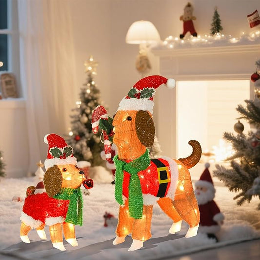 Lighted Outdoor Dog Christmas Decorations, 2 Pack Collapsible Pre-lit Beagle Dog with Candy Cane and Santa Hat Light up Puppy Xmas Decor for Indoor Outdoor Garden Yard Lawn Holiday Display