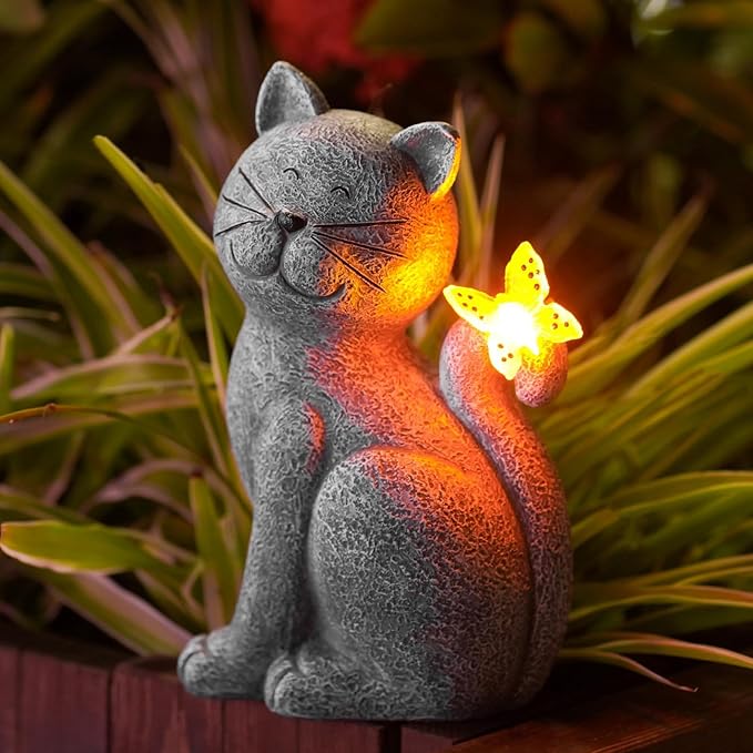 Garden Decor Cat Statues: Outdoor Sculptures with Glowing Butterfly for Lawn Ornaments Yard Art Porch Patio Balcony - Gifts for Mom Grandma Women