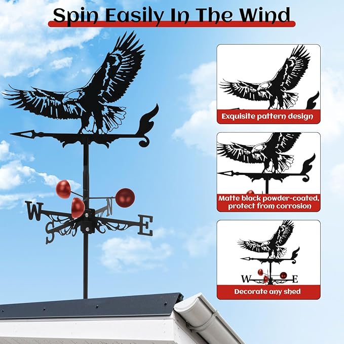 Weathervane Roof Mount, Rust-Resistant & Durable Metal Wind Direction Indicators, Decor Weather Vane for Yard, Outside, Garden, Shed, Farmhouse & Chicken Coop (Eagle)