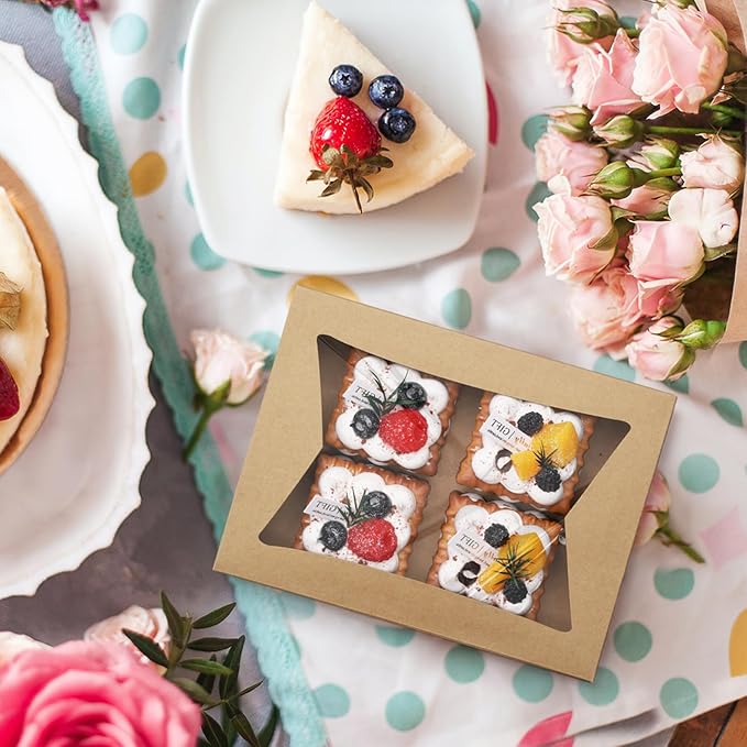 Eupako Cookie-Boxes-with-Window-8x6x2.5-Inhces-25pcs-Auto-Popup-Brown-Treat-Boxes for Bakery, Donuts, Candy, Pastry, Cupcakes, Biscuits, Chocolate Strawberries