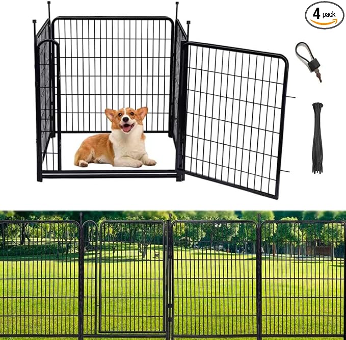 40 in(H) Garden Fence Animal Barrier, 4 Panels Total 8.9 Ft(L) Yard Fence for Dogs，Gate 21 Inches Wide with Low Sills，Animal Barrier Fences, Tall Garden Fence Border, Flower Bed Fencing