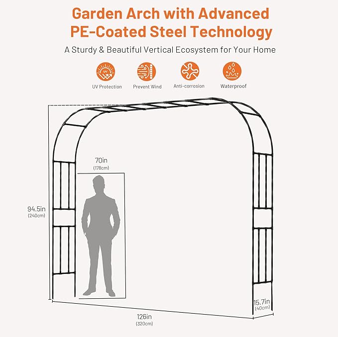Garden Arch, 126''x94.5'' Arbor Trellis, Trellis for Climbing Plants Outdoor, Garden Arch Arbor for Flower, Climbing Vine Vegetable, Fruit and Lawn(Black)