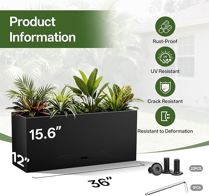 Metal Planter Box 36" x 12"x 16",Heavy-duty Galvanized Steel Outdoor Planter with Removable Built-in shelf and Drainage Holes,Rectangular Planter for Porches, Gardens, Patios, and Courtyards，Black