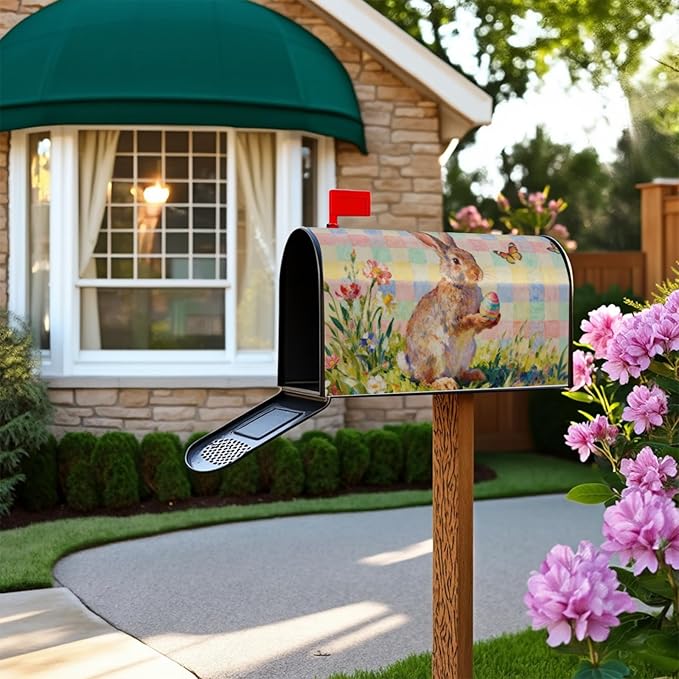 Spring Easter Plaid Mailbox Covers Magnetic Standard Size Bunny Rabbit Floral Flower Butterfly Holiday Outdoor Seasonal Decorative Letter Box Cases for Home Garden Outside Decor, 21x18 Inch