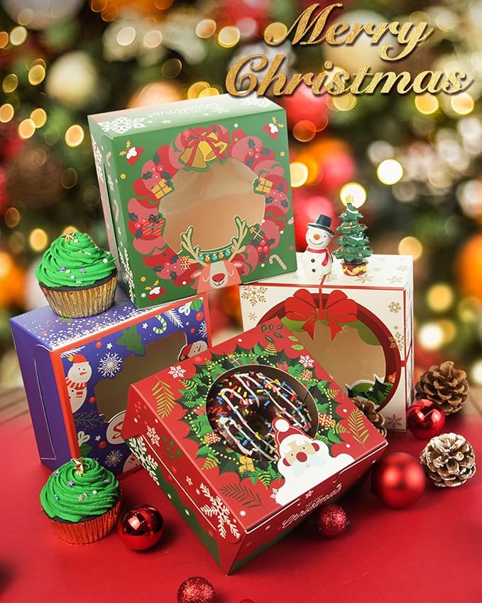 qiqee Christmas Cookie Boxes with Window 100packs 6x6x3 Inch Bakery Box Pastry Box for Christmas