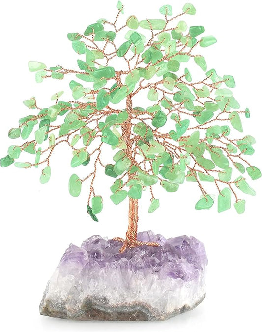 Gemstone Crystal Tree of Life,Natural Green Aventurine with Amethyst Cluster Base,Feng Shui Decor Bonsai Money Tree,Home Decor for Luck and Wealth 5.5"-6.3"