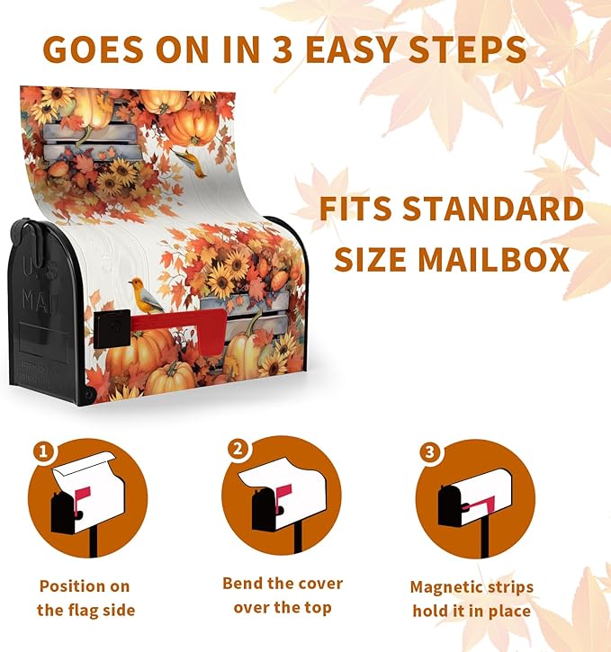 Fall Mailbox Covers Magnetic Large Size Autumn Bird Mailbox Cover Maple Leaf Thanksgiving Pumpkin Mail Box Post Cover Waterproof Sunflower Thankful Decor for Garden Yard 25.5 X 21 Inch