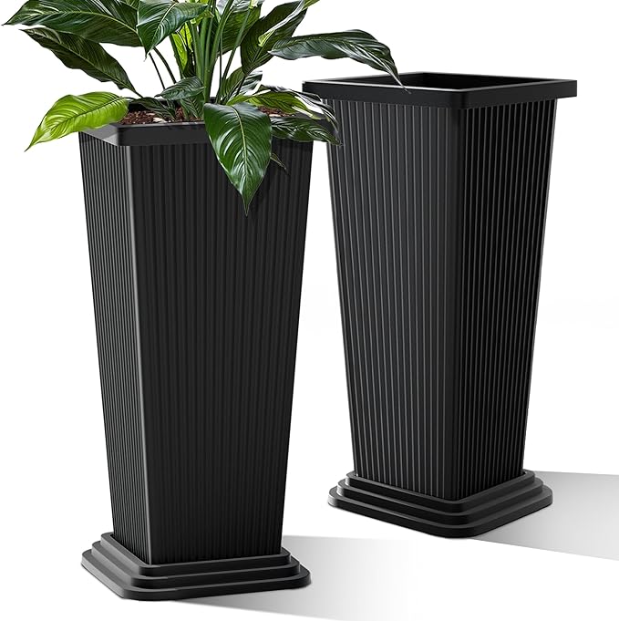 Tall Planters Set of 2, Large Indoor Outdoor Flower Pots with Tray Modern Tapered Planter for Patio, Garden, Porch, Backyard (Black Ribbed)