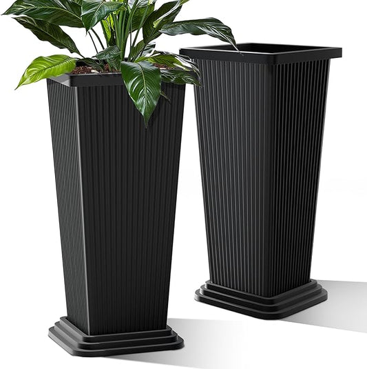 Tall Planters Set of 2, Large Indoor Outdoor Flower Pots with Tray Modern Tapered Planter for Patio, Garden, Porch, Backyard (Black Ribbed)