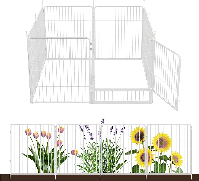 SunsGrove Garden Fence with Gate, 32 in(H) x 17.8 ft(L) 8 Panels Heavy Duty Metal Animal Barrier Fence for Yard, Suitable for Indoor or Outdoor Dog Pet Fence, Garden Fence Border, White