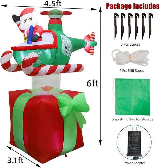 Juegoal Christmas Inflatables Outdoor Decorations, 6FT Inflatable Xmas Santa Claus with Helicopter on Gift Box, Lighted Blow Up Santa Flying Airplane, Built in Light for Holiday Lawn Yard Garden Decor