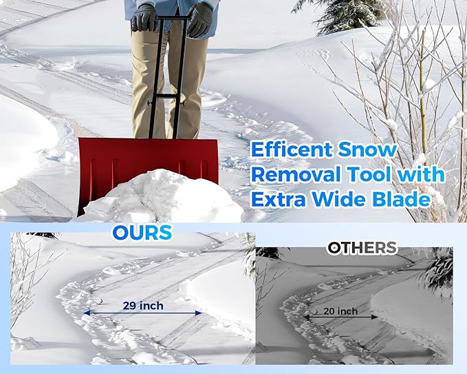 Garvee 29" Snow Pusher Shovel with Wheels,Heavy Duty Steel Snow Shovel with Wheels,Angled Blade Efficient Snow Removal With5-Position Angled Blade & Adjustable Handle for Doorway, Sidewalk, Red
