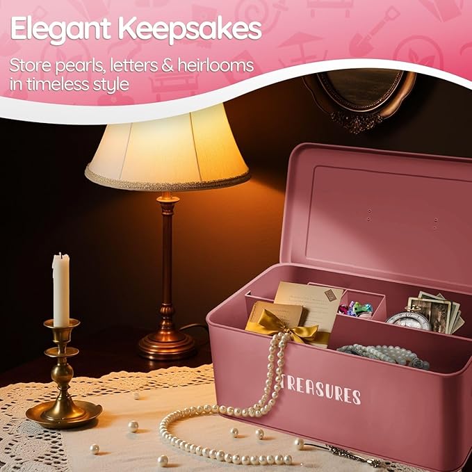 Flexzion Tin Storage Box with Removable Tray, 13 Inch Seed Organizer Box and Metal Seed Holder Organizer with Hinged Lid, Toolbox Container for Crafts, Hardware, Tools, Essentials, Pink