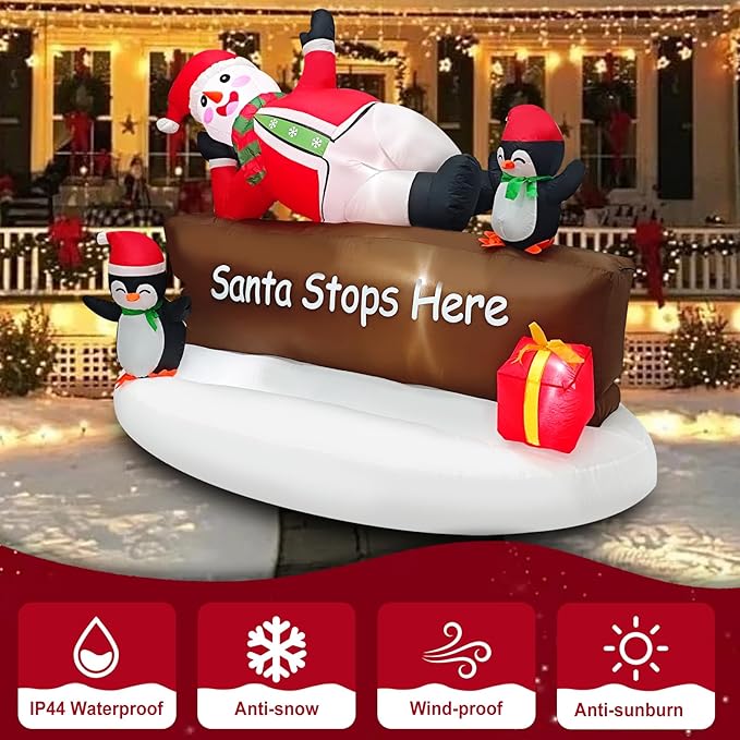 Christmas Inflatable Snowman with Penguins Decotation Blow Up 6FT Snow Man “Santa Stops Here” Sign Holiday Yard Decoration Gift Box, Perfect for Outdoor Lawn, Garden, or Front Porch Oranments Display