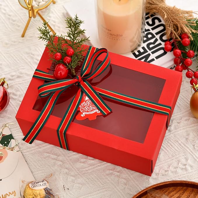 12 Pack Christmas Gift Boxes with Clear Window, Red Christmas Gift Boxes with Ribbon, Pine Sprigs & Berry Decorations for Holiday Wrapping, 8.7x5.9x2.8 Inch (RED)
